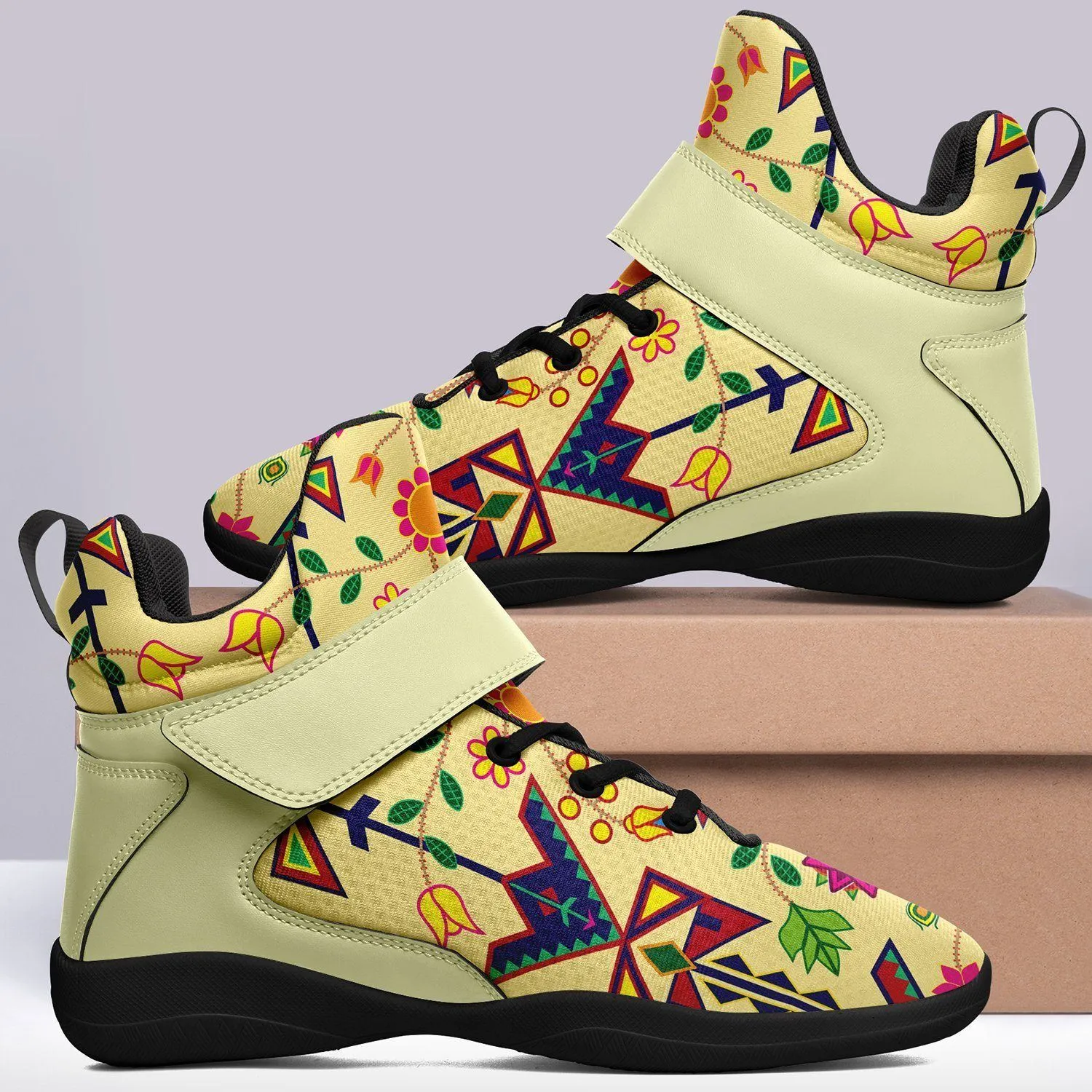 Geometric Floral Spring Vanilla Ipottaa Basketball / Sport High Top Shoes - Black Sole