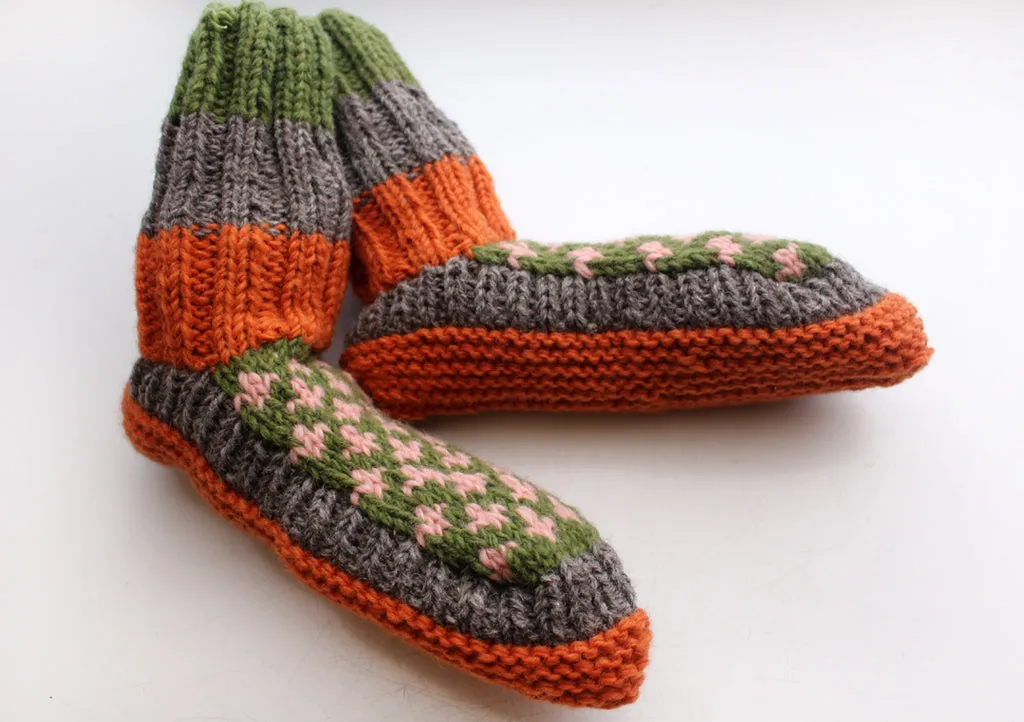 Green and Orange Multicolor Woolen Indoor Lined Hand Knitted Boot