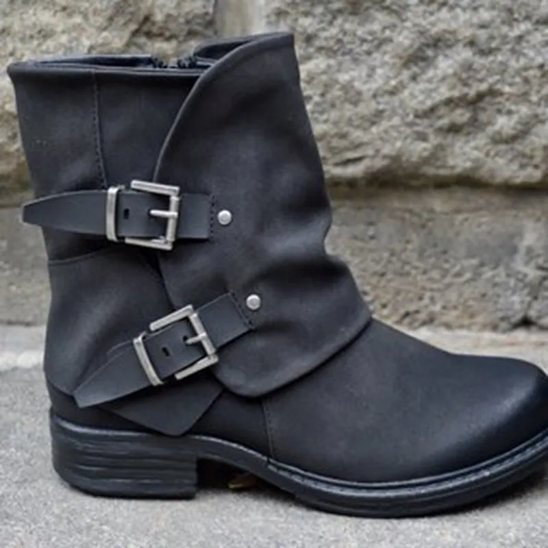 Martin boots with side zipper belt buckle