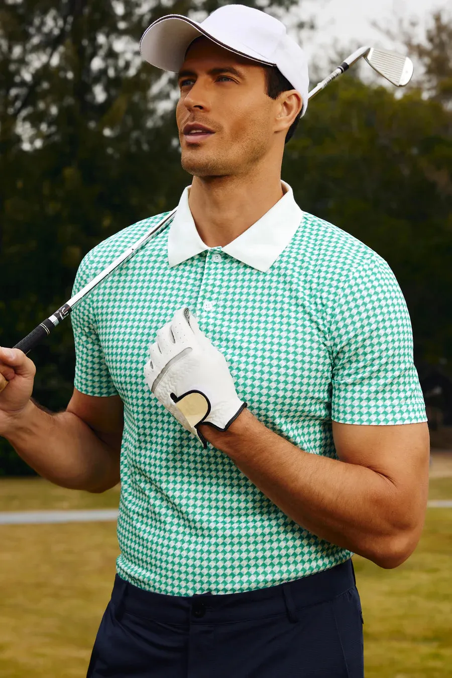 Men's Performance Golf Pullover Shirt Grid Argyle Short Sleeve Stretch Polo Shirt