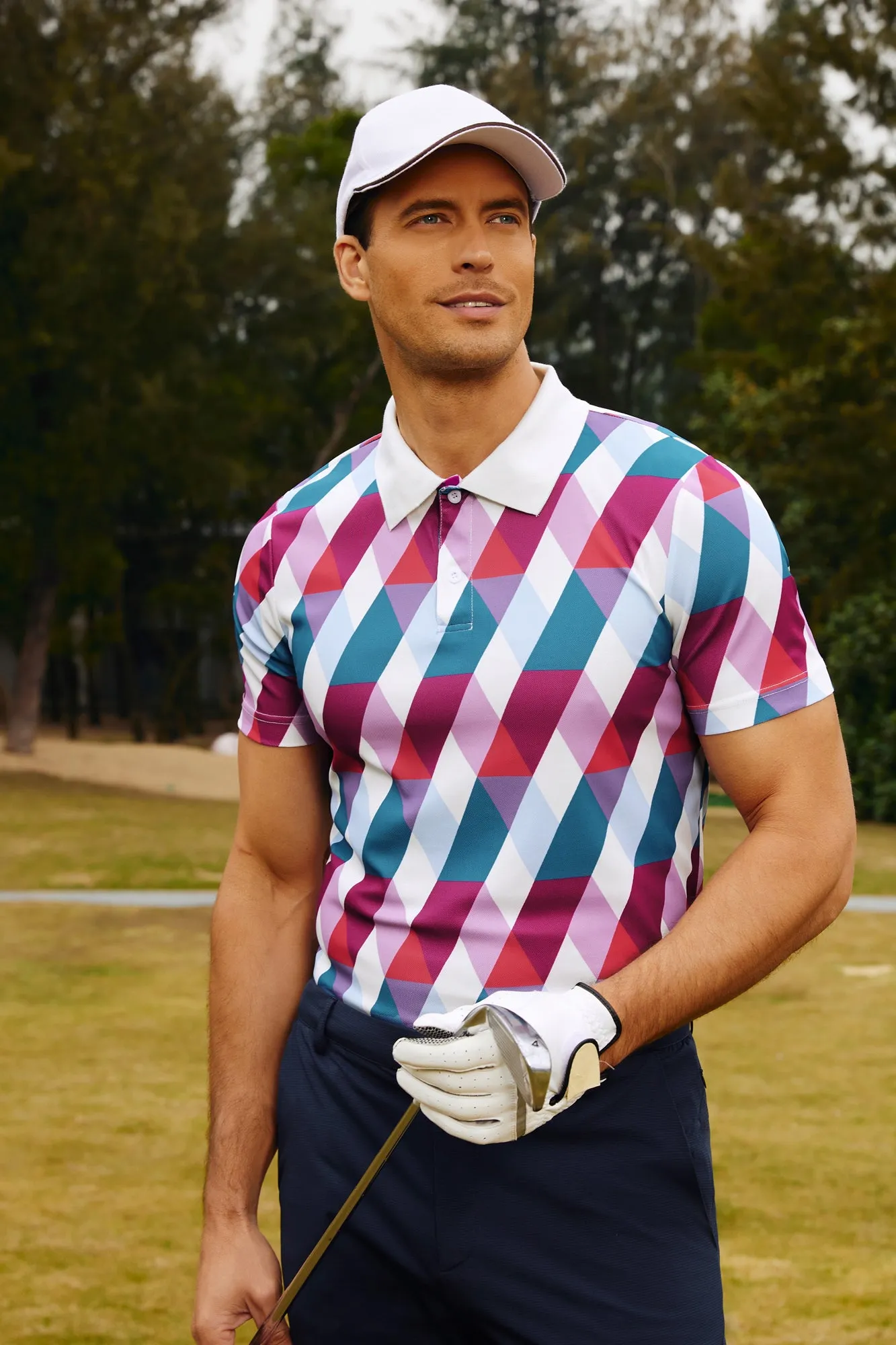 Men's Performance Golf Pullover Shirt Grid Argyle Short Sleeve Stretch Polo Shirt