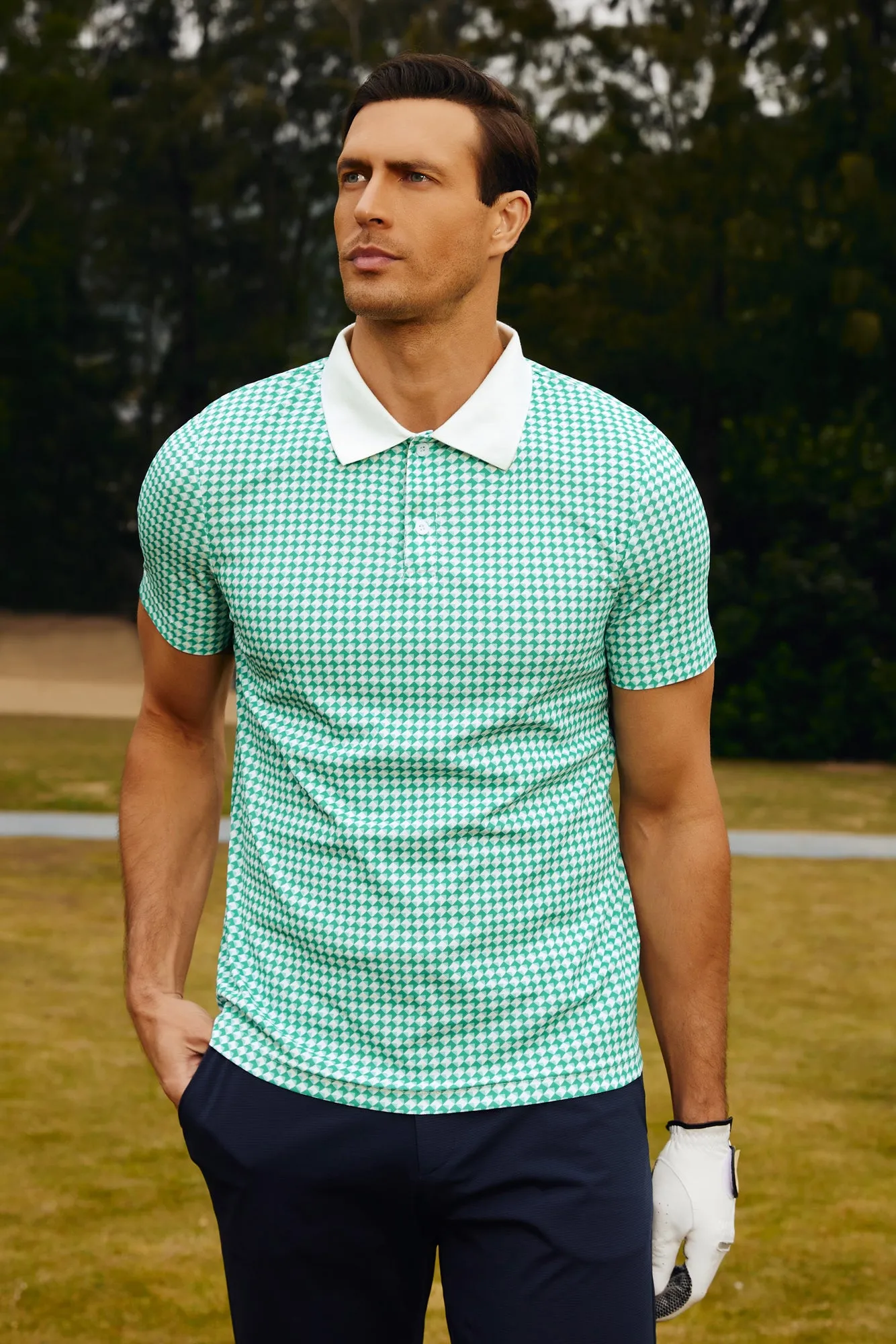 Men's Performance Golf Pullover Shirt Grid Argyle Short Sleeve Stretch Polo Shirt