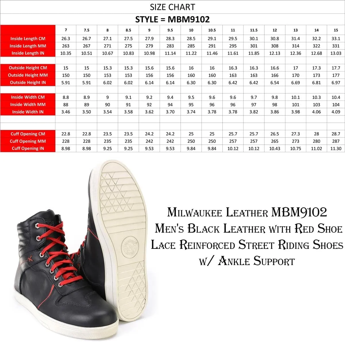 Milwaukee Leather MBM9102 Men's Black Leather with Red Shoe Lace Reinforced Street Riding Shoes w/Ankle Support