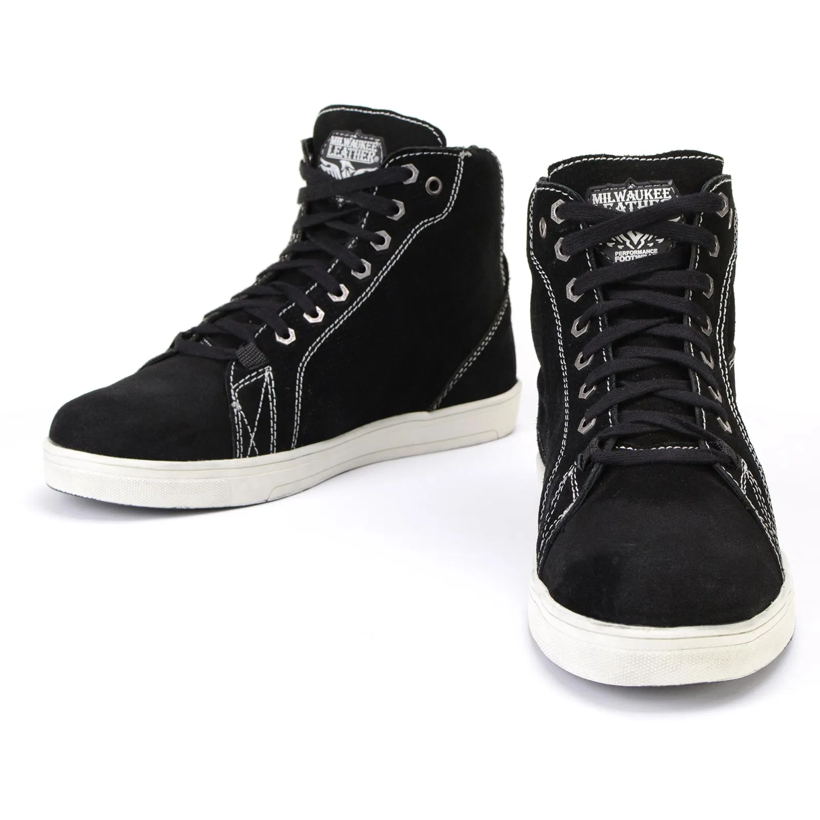 Milwaukee Leather MBM9107 Men's Black Suede Leather w/ White Stitching Reinforced Street Riding Shoes w/ Ankle Support