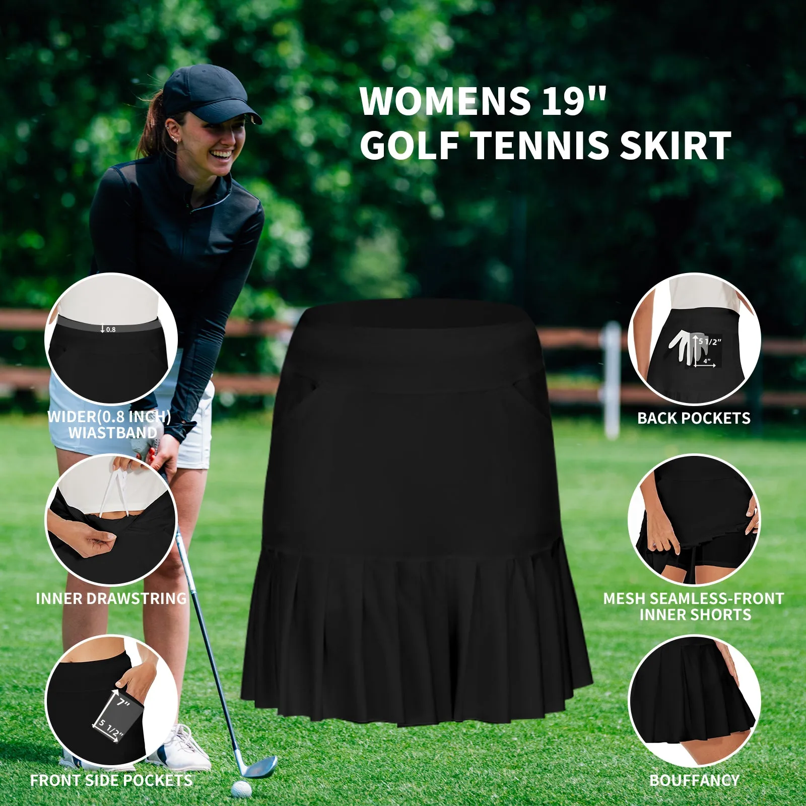 MOTEEPI 19" Golf Skirts for Women Knee Length Ruffle Hem Skirt Tennis Skirt Athletic Skort for Workout Running