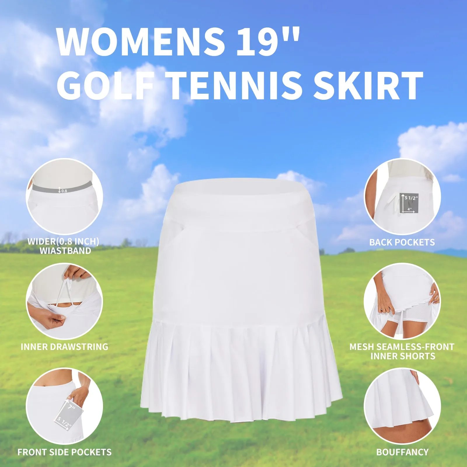 MOTEEPI 19" Golf Skirts for Women Knee Length Ruffle Hem Skirt Tennis Skirt Athletic Skort for Workout Running