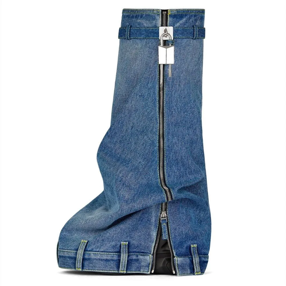 Pre Order:  Skirted Zip-Up Denim Buckle Boots