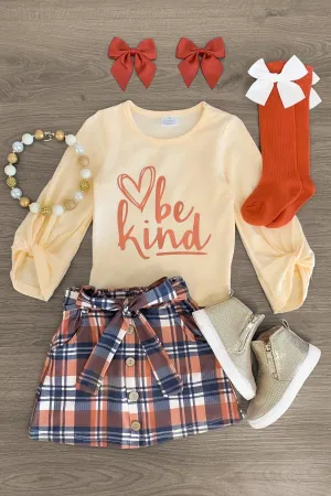 "Be Kind" Orange Plaid Skirt Set