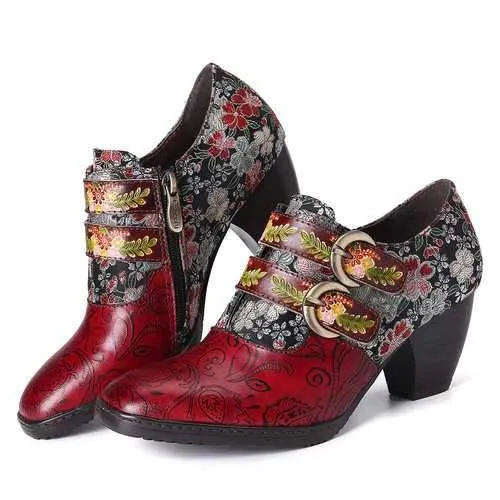 Retro Flower Embossed Leather Pumps