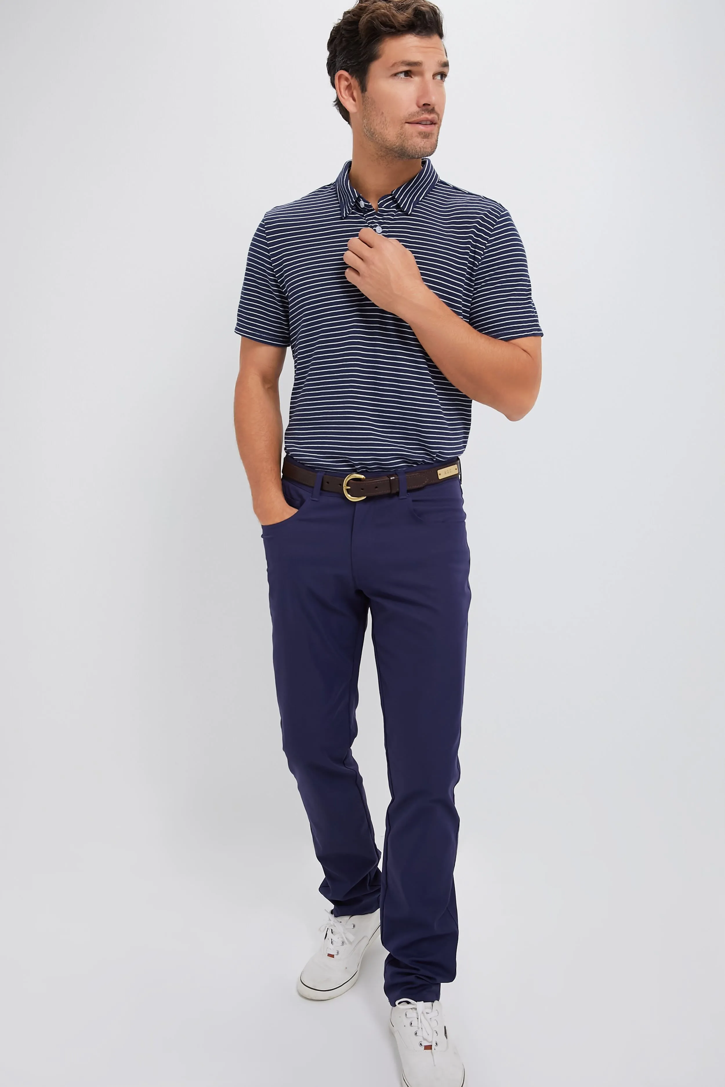 Striped Navy Stretch Linen Polo