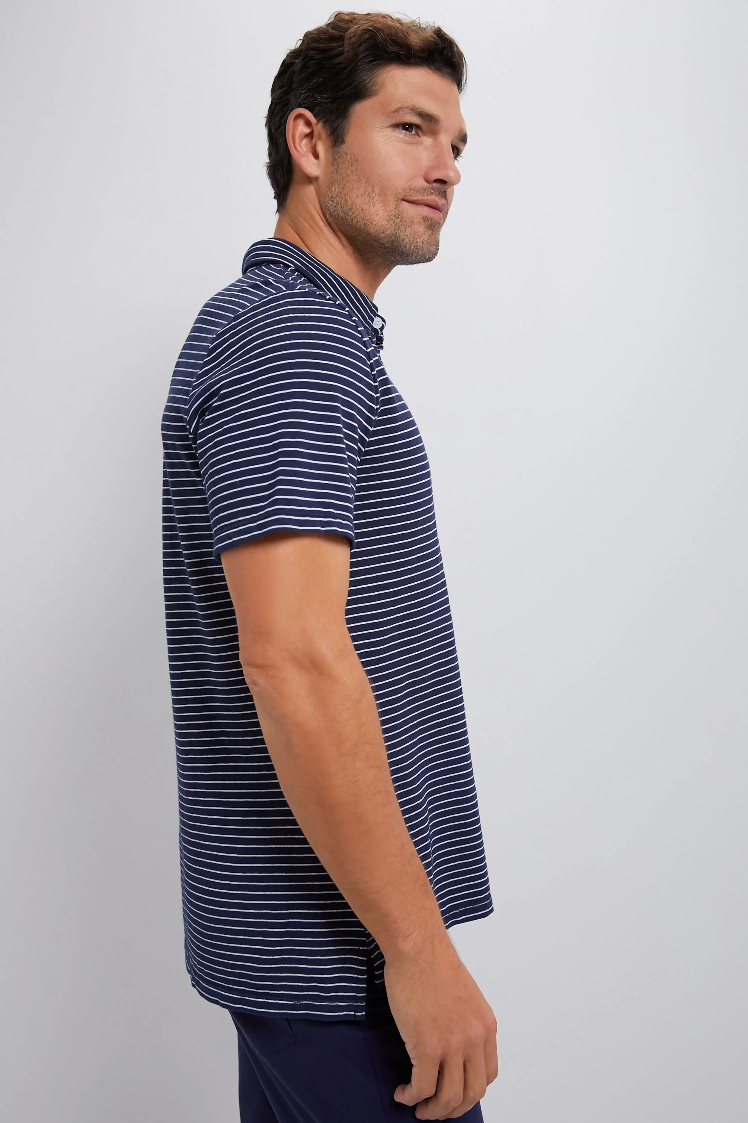 Striped Navy Stretch Linen Polo