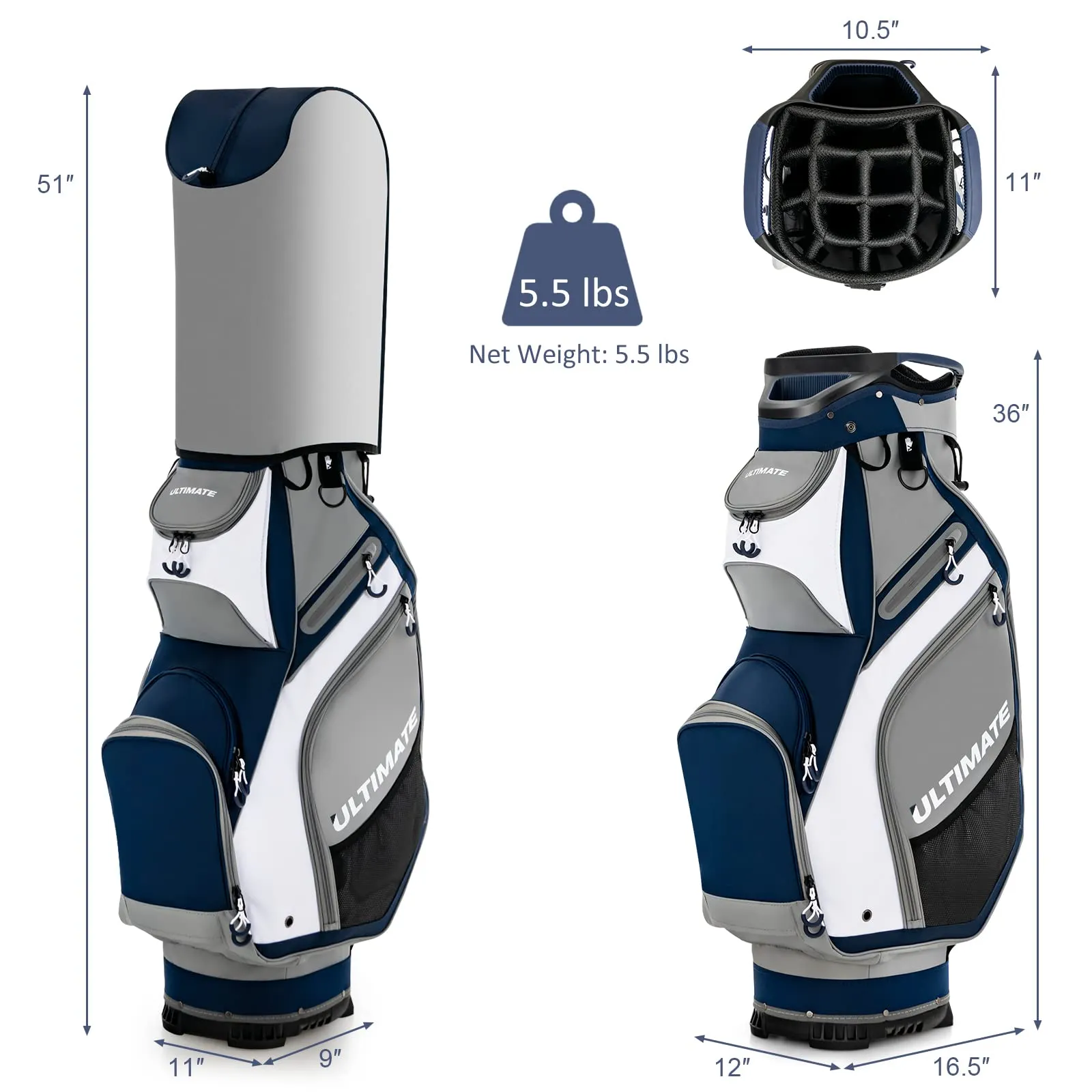 Tangkula 11" Golf Cart Bag with 14 Way Full-Length Top Dividers, Lightweight & Portable Golf Club Cart Bag with 7 Zippered Pockets