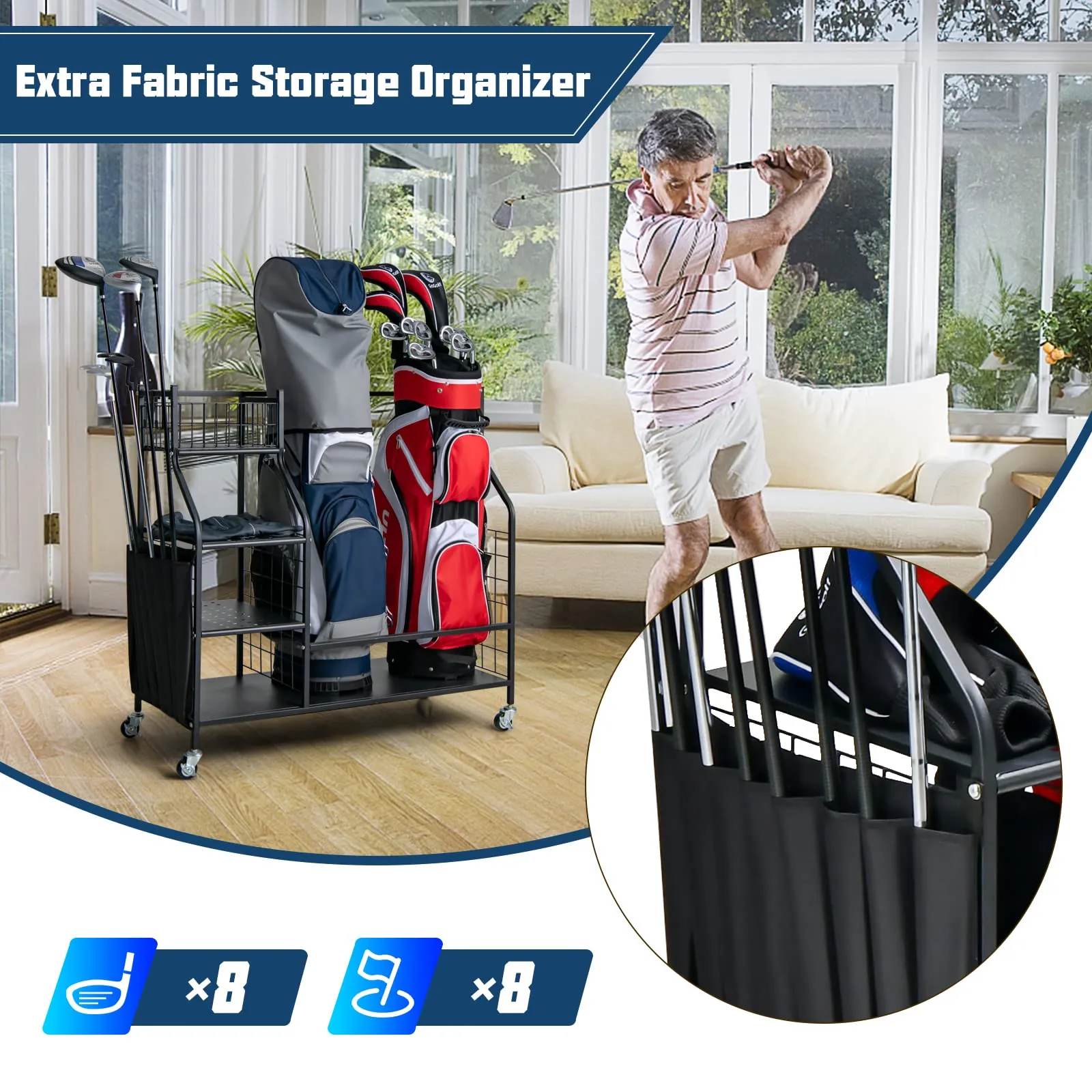 Tangkula Golf Bag Storage Rack for Garage, Golf Bag Organizer with Lockable Universal Wheels