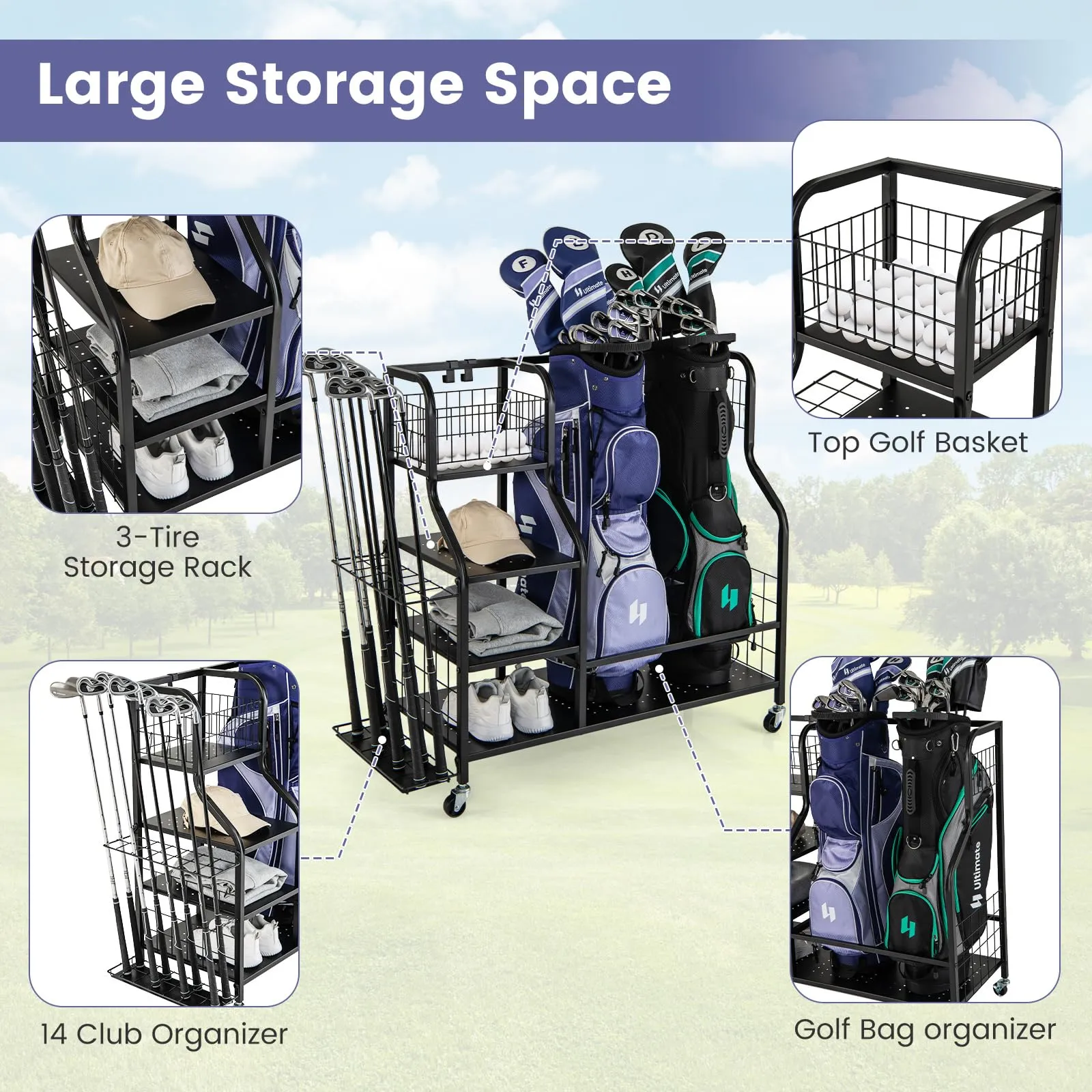 Tangkula Golf Bag Storage Rack for Garage, Golf Bags Stand with 3-Tire Storage Rack, Top Golf Basket