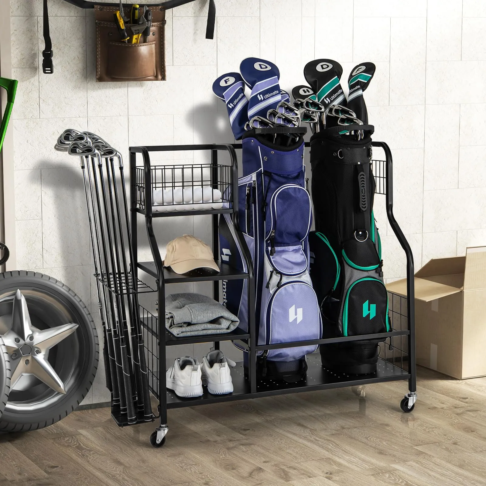 Tangkula Golf Bag Storage Rack for Garage, Golf Bags Stand with 3-Tire Storage Rack, Top Golf Basket