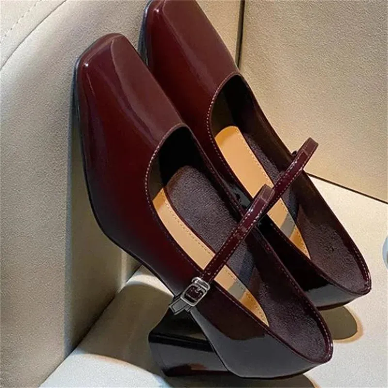 TAVIMART  -  Belts Buckle Shoes for Ladies Square Toe Churry High Heels Mary Janes Leather Chassure Femme Shallow Women's Front Strap Zapatos