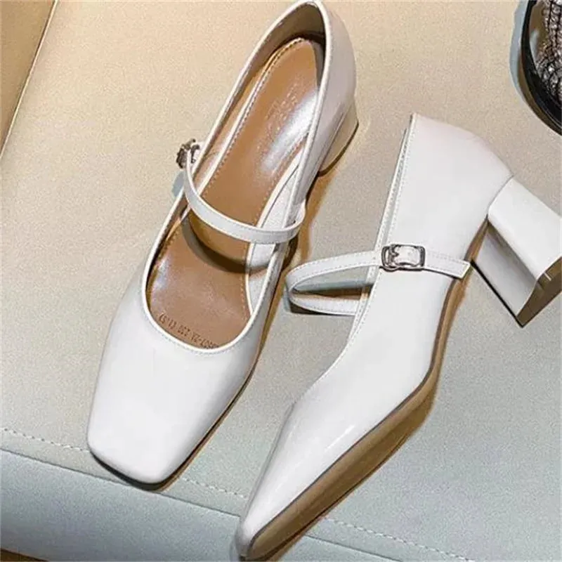 TAVIMART  -  Belts Buckle Shoes for Ladies Square Toe Churry High Heels Mary Janes Leather Chassure Femme Shallow Women's Front Strap Zapatos