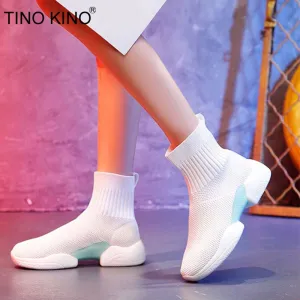 TINO KINO Sock Boots Women Knitted Ankle Boots Flats Ladies Breathable Platform Casual Comfort Autumn New Female Sneakers 2020