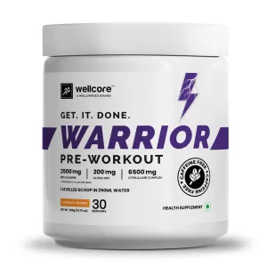 Wellcore-Warrior Pre Workout Supplement Powder(390G, 30 Servings) Valencia Orange Strongest Caffeine Free Pre Workout With 200 Mg Alpha Gpc 6500 Mg Citrulline Complex 2500 Mg Beta Alanine