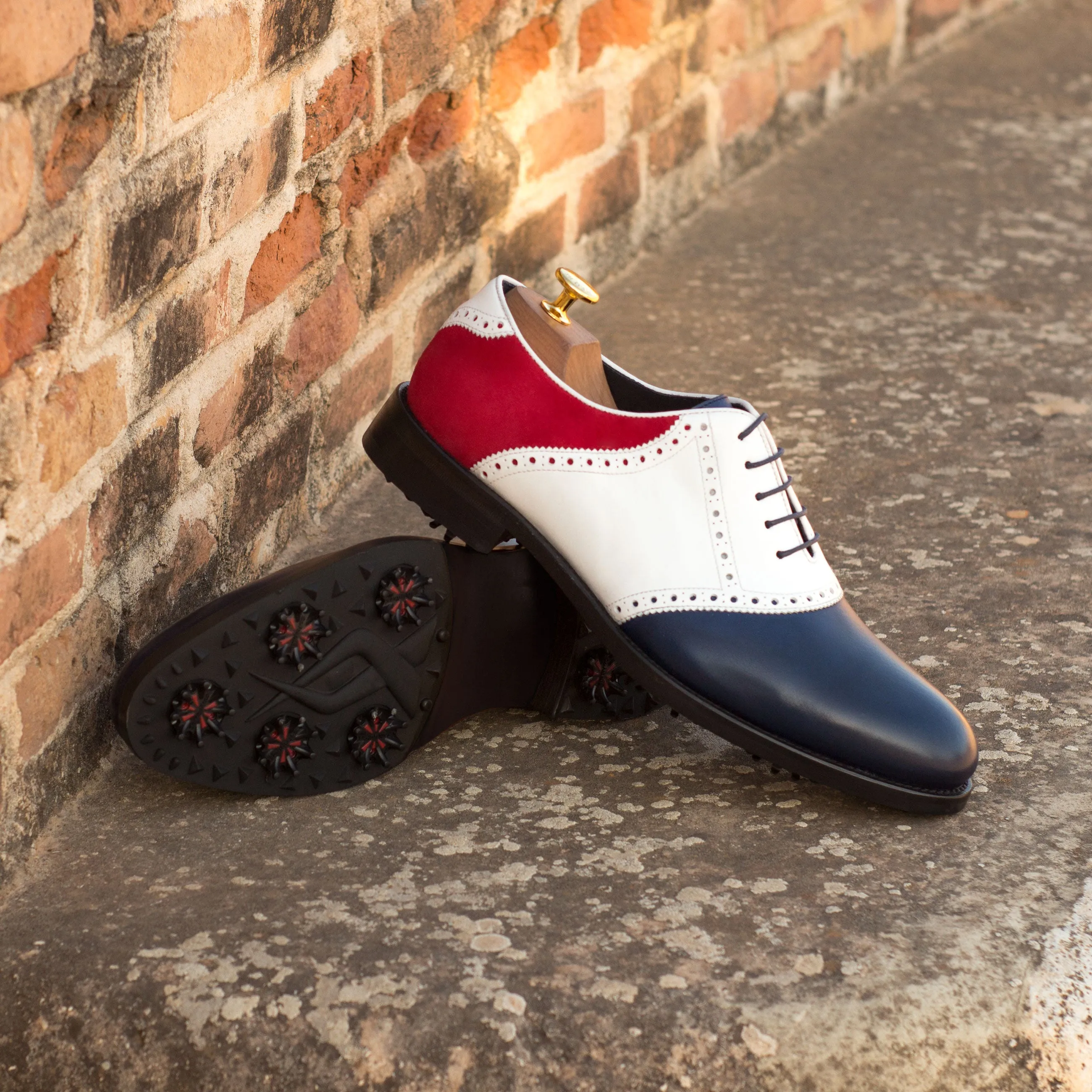 White & Blue Calf Red Suede Saddle Golf Shoes