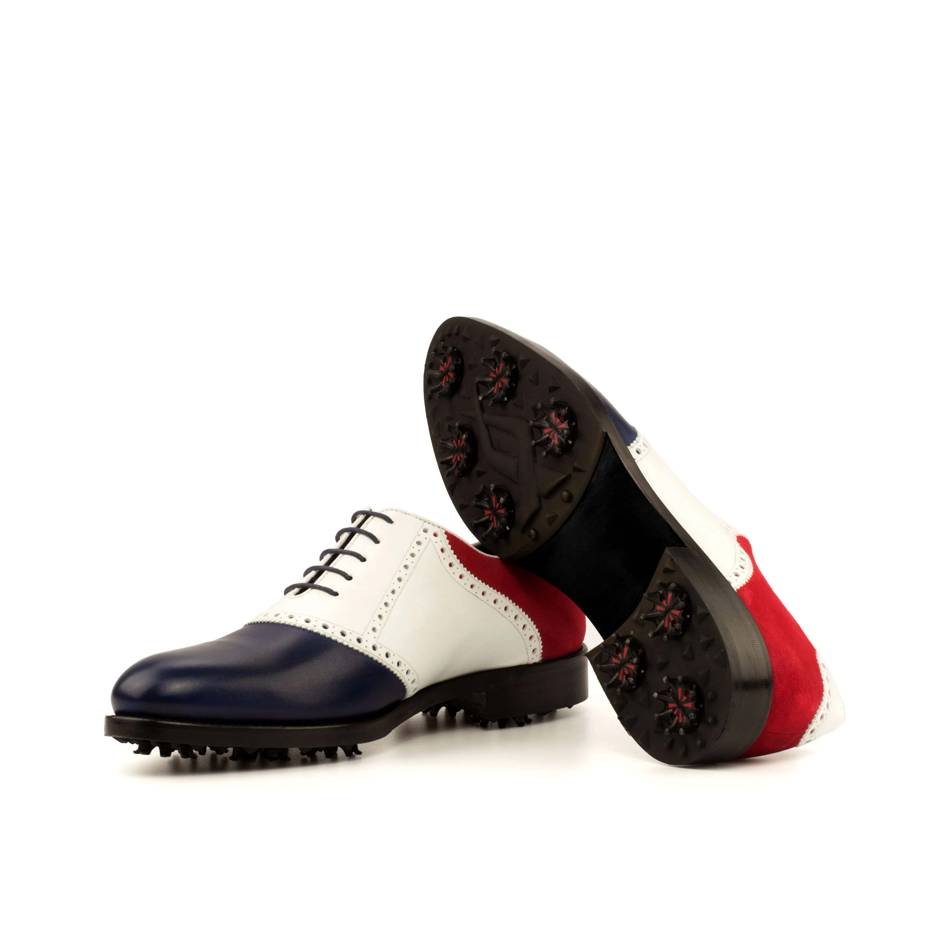 White & Blue Calf Red Suede Saddle Golf Shoes