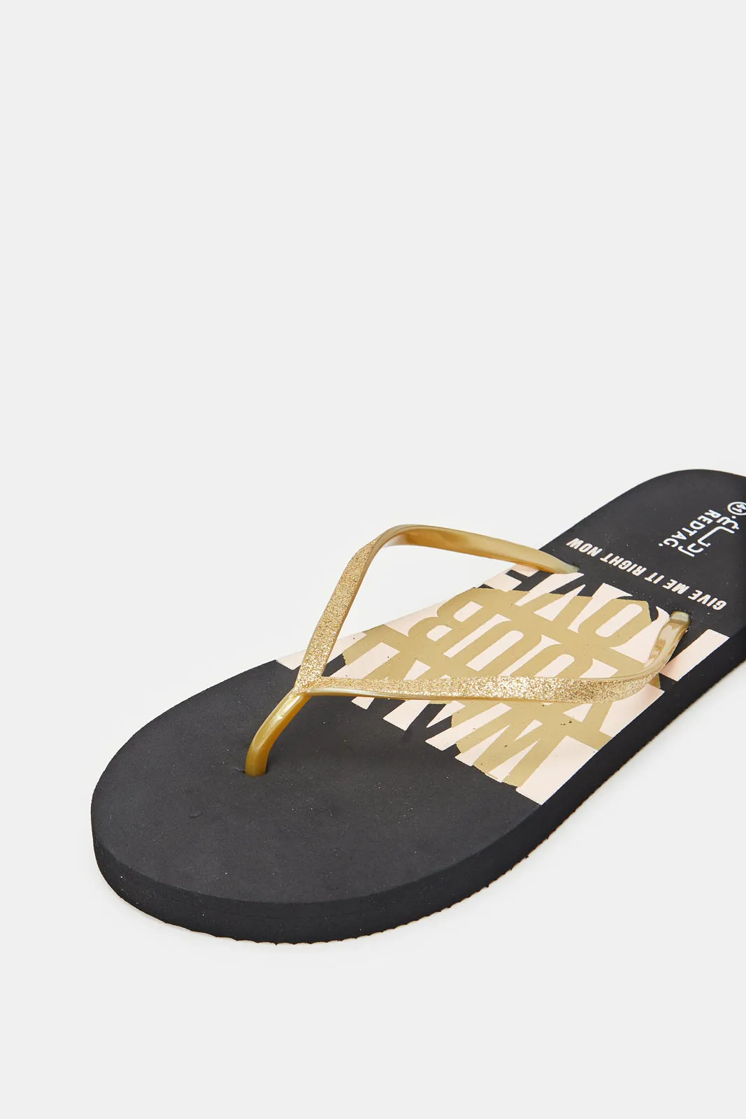 Women Black Flip Flop With Gold Upper