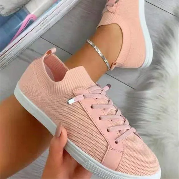 Women knit solid color white flat heel lace slip on sneaker