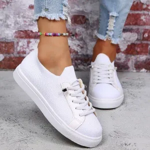 Women knit solid color white flat heel lace slip on sneaker