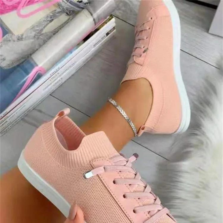 Women knit solid color white flat heel lace slip on sneaker