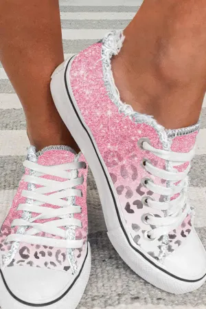 Women Pink Ombre Leopard Print Canvas Shoes Low Top Lace Up Casual Canvas Sneakers