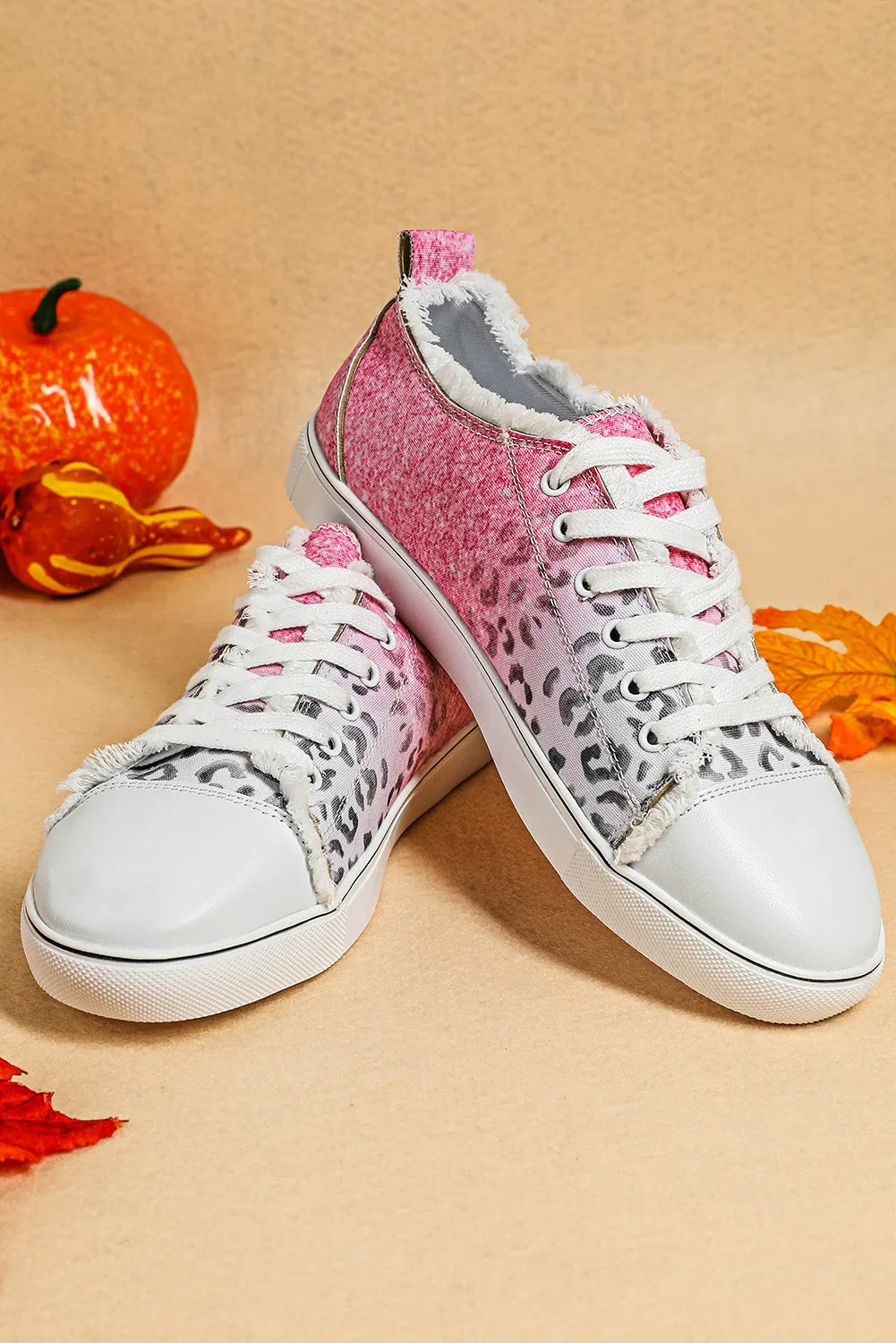 Women Pink Ombre Leopard Print Canvas Shoes Low Top Lace Up Casual Canvas Sneakers