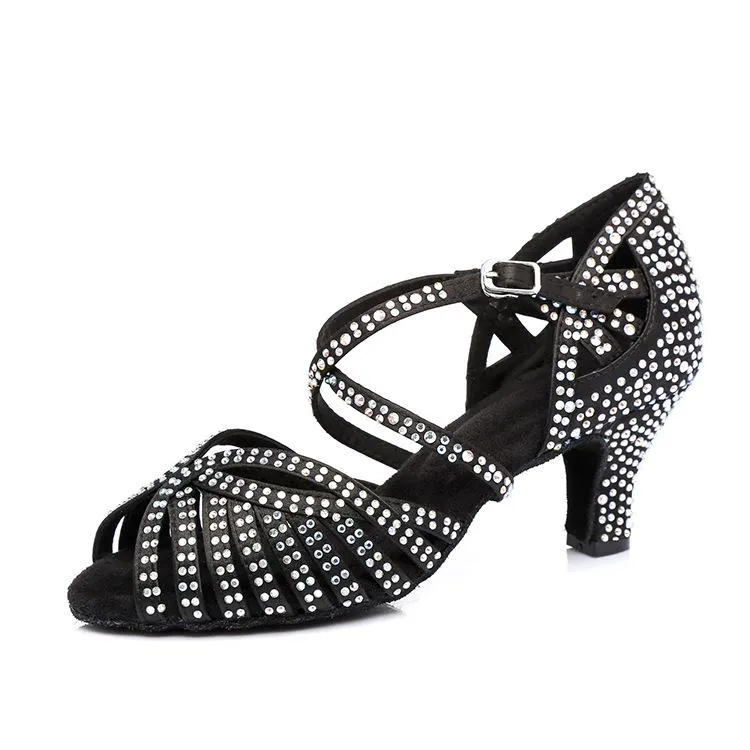 Women's Satin Rhinestone Customized Heel Ballroom Dance Shoes Latin Dance Shoes