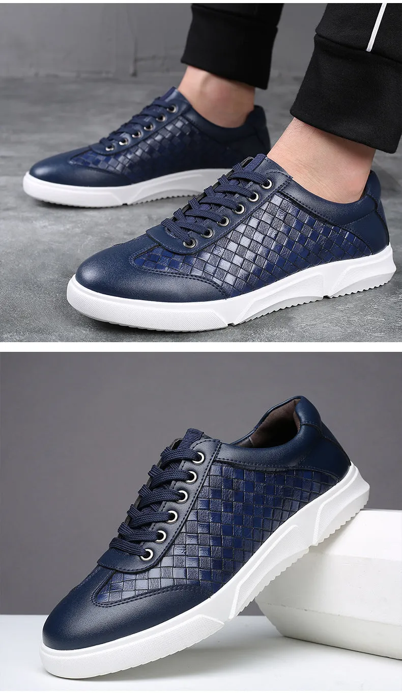 Woven Pattern Lace-Up Leather Sneakers