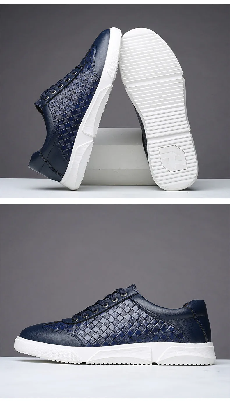 Woven Pattern Lace-Up Leather Sneakers