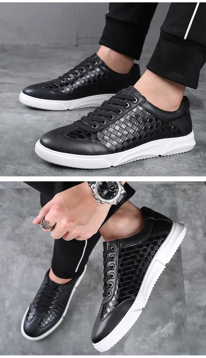 Woven Pattern Lace-Up Leather Sneakers