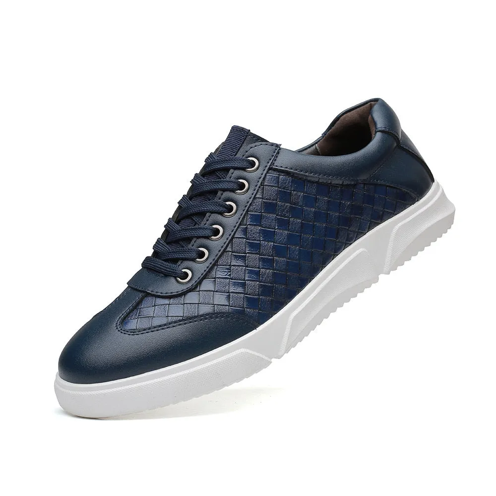 Woven Pattern Lace-Up Leather Sneakers