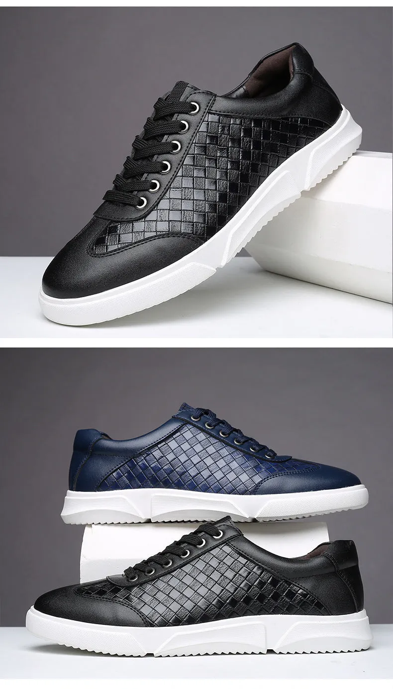 Woven Pattern Lace-Up Leather Sneakers