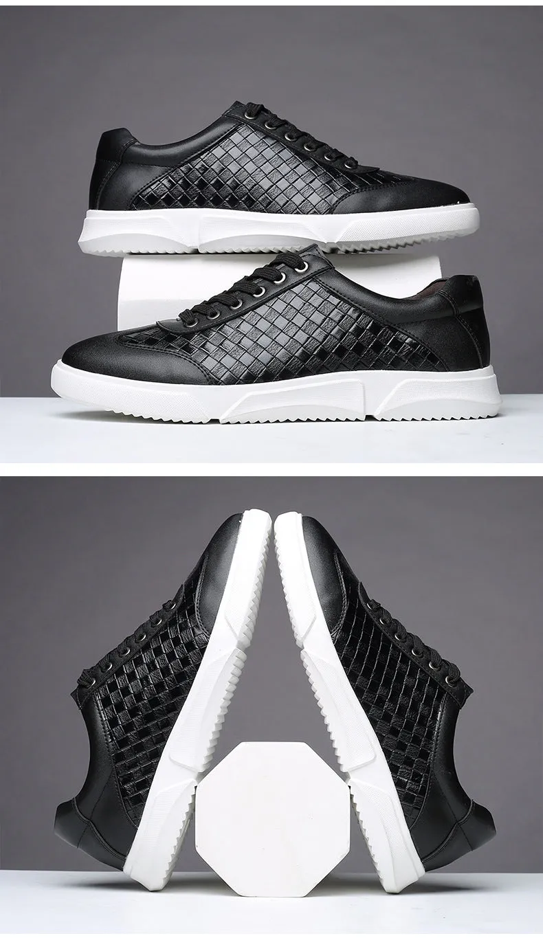 Woven Pattern Lace-Up Leather Sneakers