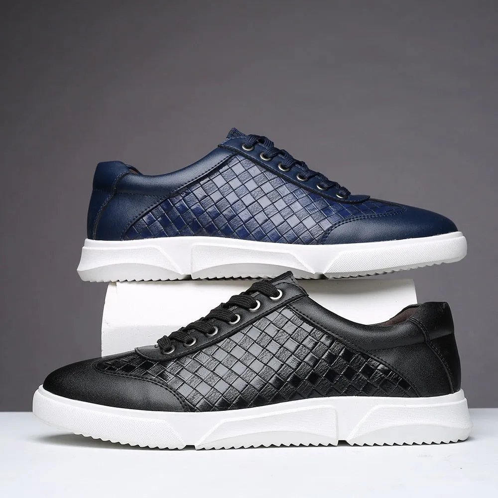 Woven Pattern Lace-Up Leather Sneakers