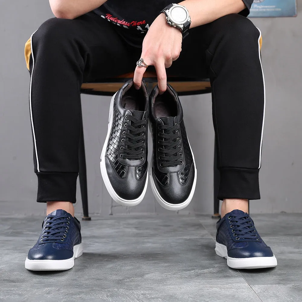 Woven Pattern Lace-Up Leather Sneakers